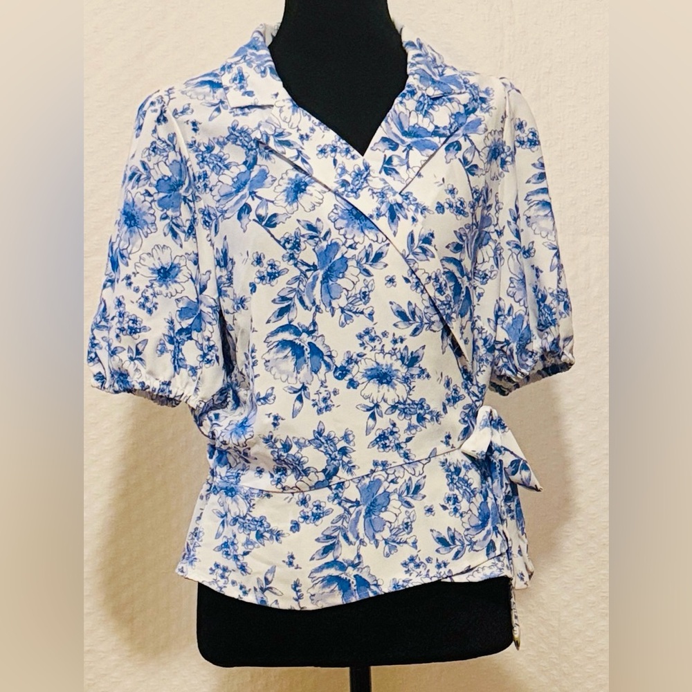 Floral Blue Wrap Top